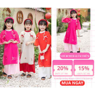 Áo Dài Truyền Thống Bé Gái J7130 – Thêu Hoa 3D Cao Cấp, Chất Tơ Thêu Mềm Mịn, Quần Lụa Latin