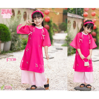 Áo Dài Truyền Thống Bé Gái J7130 – Thêu Hoa 3D Cao Cấp, Chất Tơ Thêu Mềm Mịn, Quần Lụa Latin