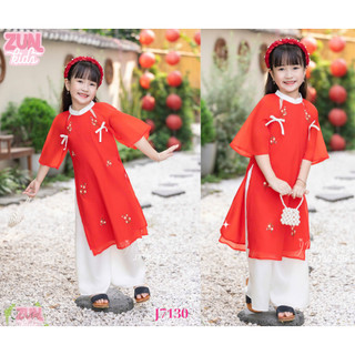Áo Dài Truyền Thống Bé Gái J7130 – Thêu Hoa 3D Cao Cấp, Chất Tơ Thêu Mềm Mịn, Quần Lụa Latin