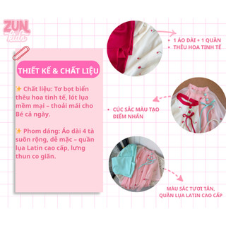 Áo Dài Bé Gái 4 Tà Thêu Hoa Tulip – Chất Tơ Bọt Biển Lót Lụa Mềm, Quần Lụa Latin Cao Cấp