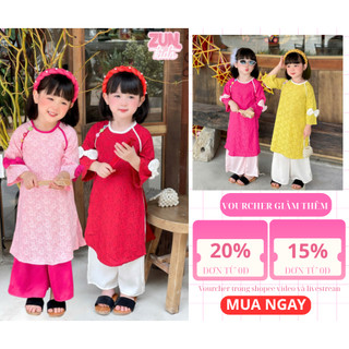 Áo Dài Gấm + quần dài (ko kèm cài) Cho Bé Gái J7787 – Đính Cúc Hoa Vai, Chất Gấm In Hoa Cao Cấp, Quần Lụa Mềm