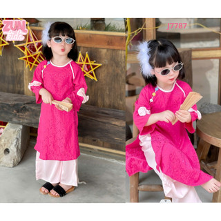Áo Dài Gấm + quần dài (ko kèm cài) Cho Bé Gái J7787 – Đính Cúc Hoa Vai, Chất Gấm In Hoa Cao Cấp, Quần Lụa Mềm