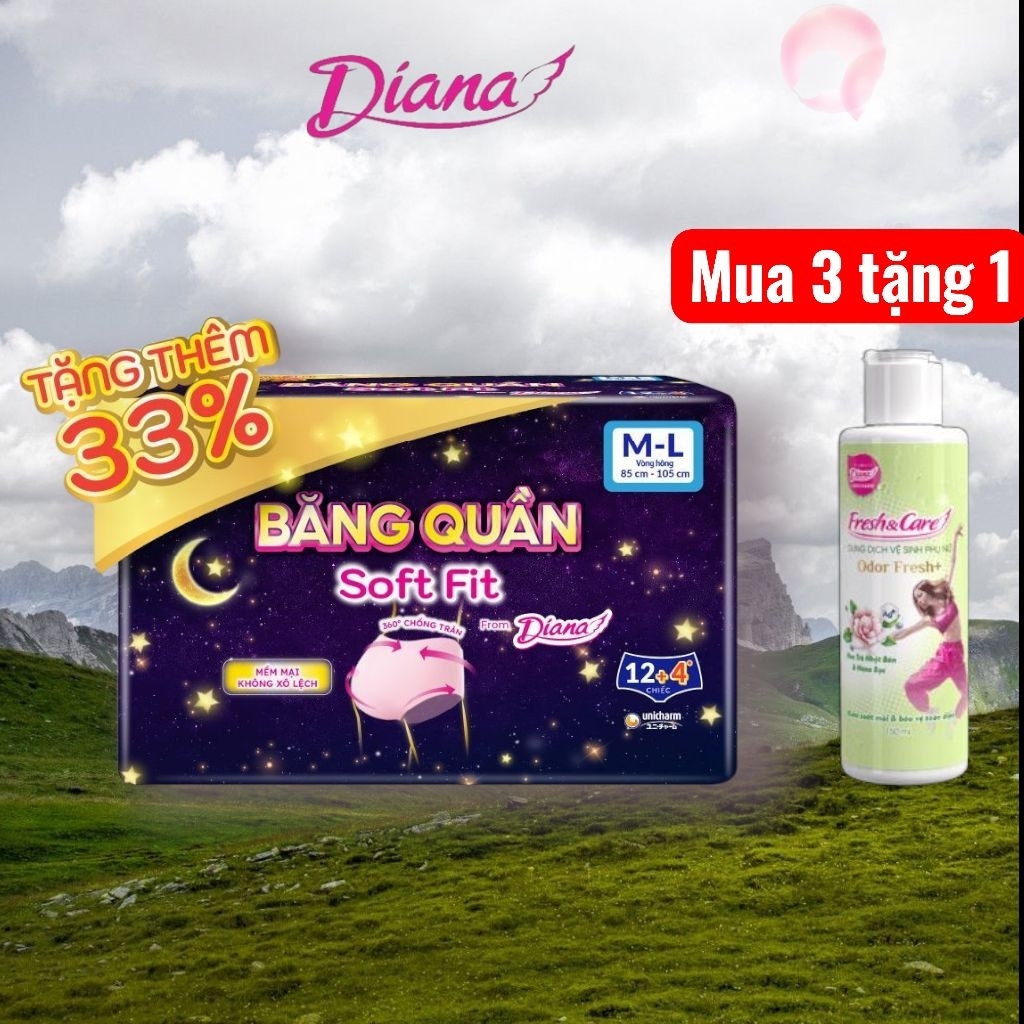 Băng quần Diana Soft Fit siêu mỏng S-M (60-95cm), M-L (85-105cm), L-XL (90-115cm).(gói12+4 miếng)