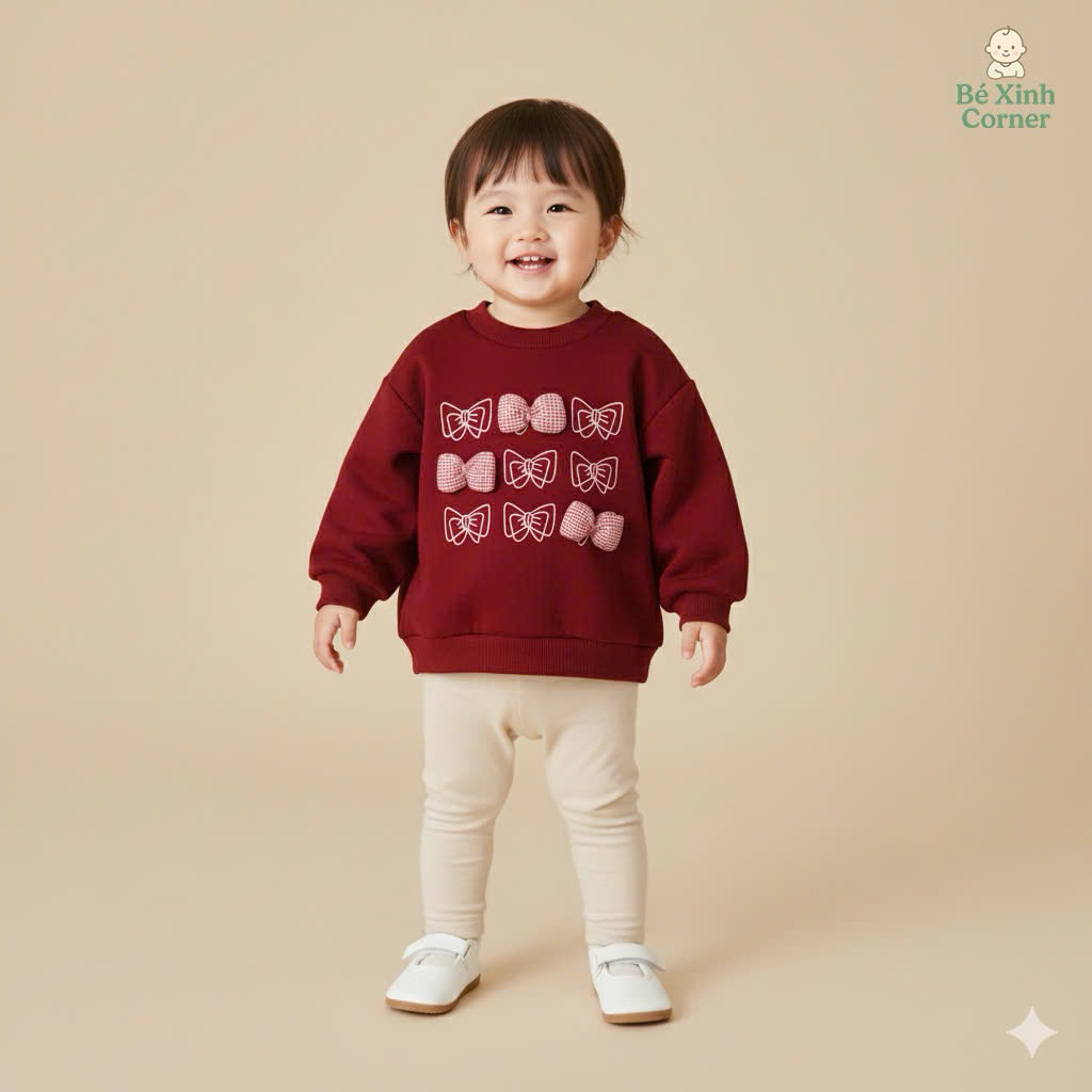 Bé Xinh Corner | Áo Nỉ Bông Lót Lông Cừu Cho Bé Gái – Màu Đỏ Đính Nơ 3D Xinh Xắn (Size 73–100)