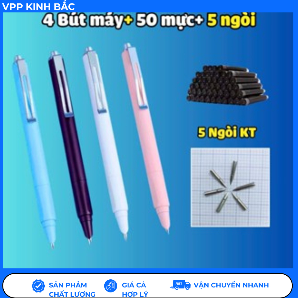 (Hot) Combo Mực+Bút Máy Bấm Kim Tinh Mới  (Tặng ống mực không xóa+pitong hút mực lọ).Nét Chữ 0.38 mm