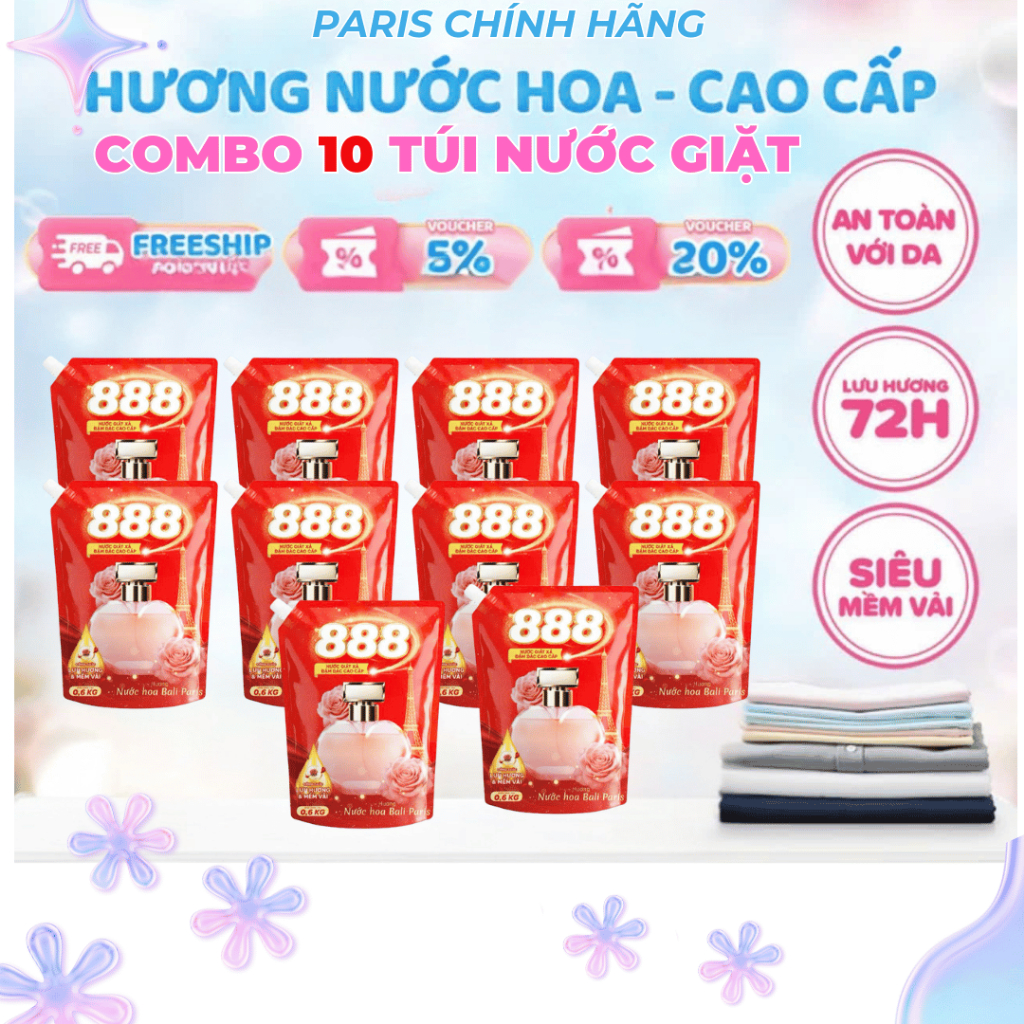 ( combo 10 túi ) Nước Giặt Xả 888 Hương Nước Hoa Bali Túi 0.6Kg lưu hương 72 giờ ko hại da tay bền màu áo quần thơm lâu