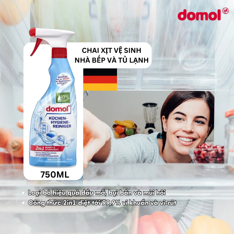 Chai Xịt Diệt Khuẩn Vệ Sinh Tủ Lạnh Nhà Bếp Dầu Mỡ Domol Kuchen Hygienereiniger 750ml Nhập Khẩu Đức