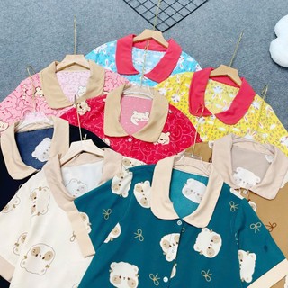 Set Pijama bigsize nữ hình thú dễ thương cổ cổ tiểu thư đi viền vải lụa thoáng mát mềm mịn SET49
