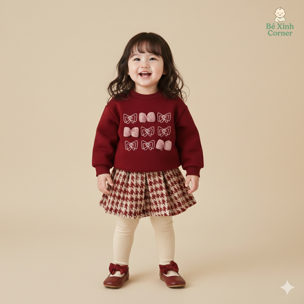 Bé Xinh Corner | Áo Nỉ Bông Lót Lông Cừu Cho Bé Gái – Màu Đỏ Đính Nơ 3D Xinh Xắn (Size 73–100)