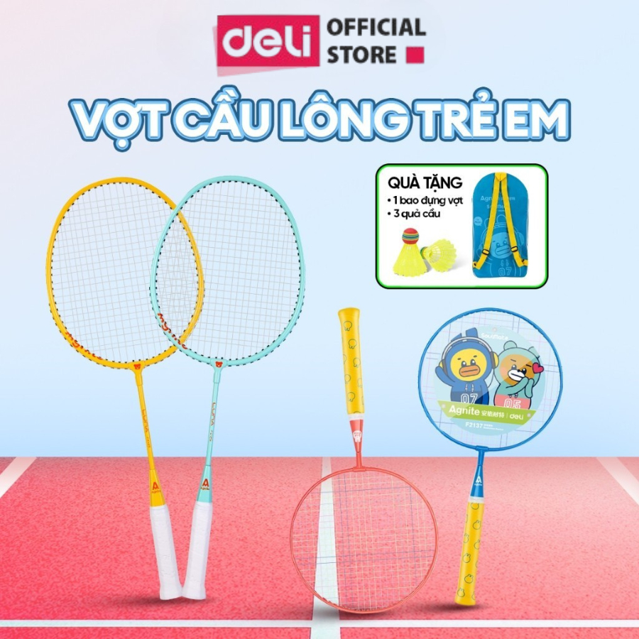 Bộ 2 Vợt Cầu Lông TRẺ EM - HỌC SINH Cao Cấp Deli x Aginte Nhẹ Bền Đẹp - Tặng Kèm Túi