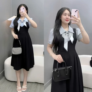 Đầm Yếm Bigsize Nữ Phối Sơ Mi Cổ Nơ Thanh Lịch Dáng Rộng Cho Nàng Mũm Mỉm A690 A691
