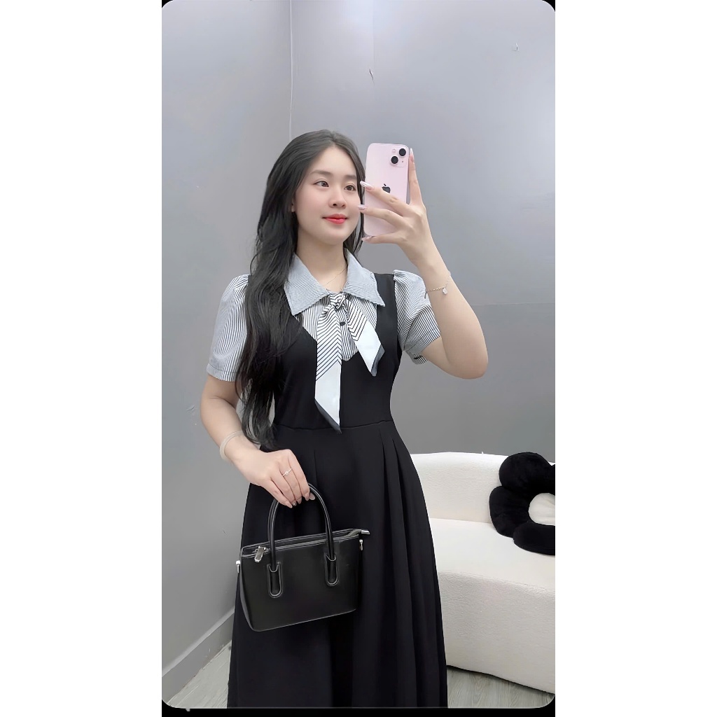Đầm Yếm Bigsize Nữ Phối Sơ Mi Cổ Nơ Thanh Lịch Dáng Rộng Cho Nàng Mũm Mỉm A690 A691