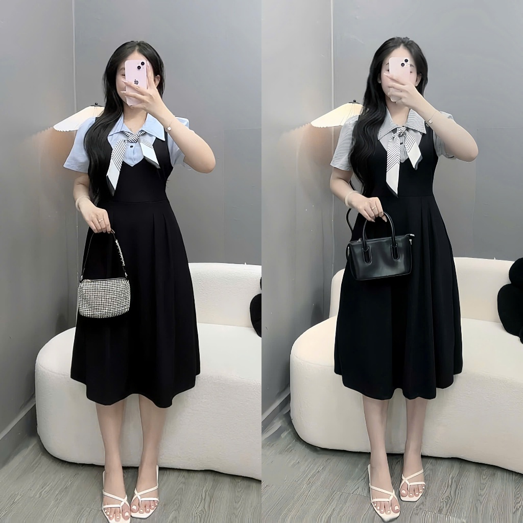 Đầm Yếm Bigsize Nữ Phối Sơ Mi Cổ Nơ Thanh Lịch Dáng Rộng Cho Nàng Mũm Mỉm A690 A691