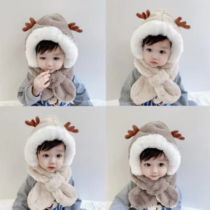 Mũ kèm khăn quàng cổ 2 in 1 cho bé mũ sừng hươu dày dặn