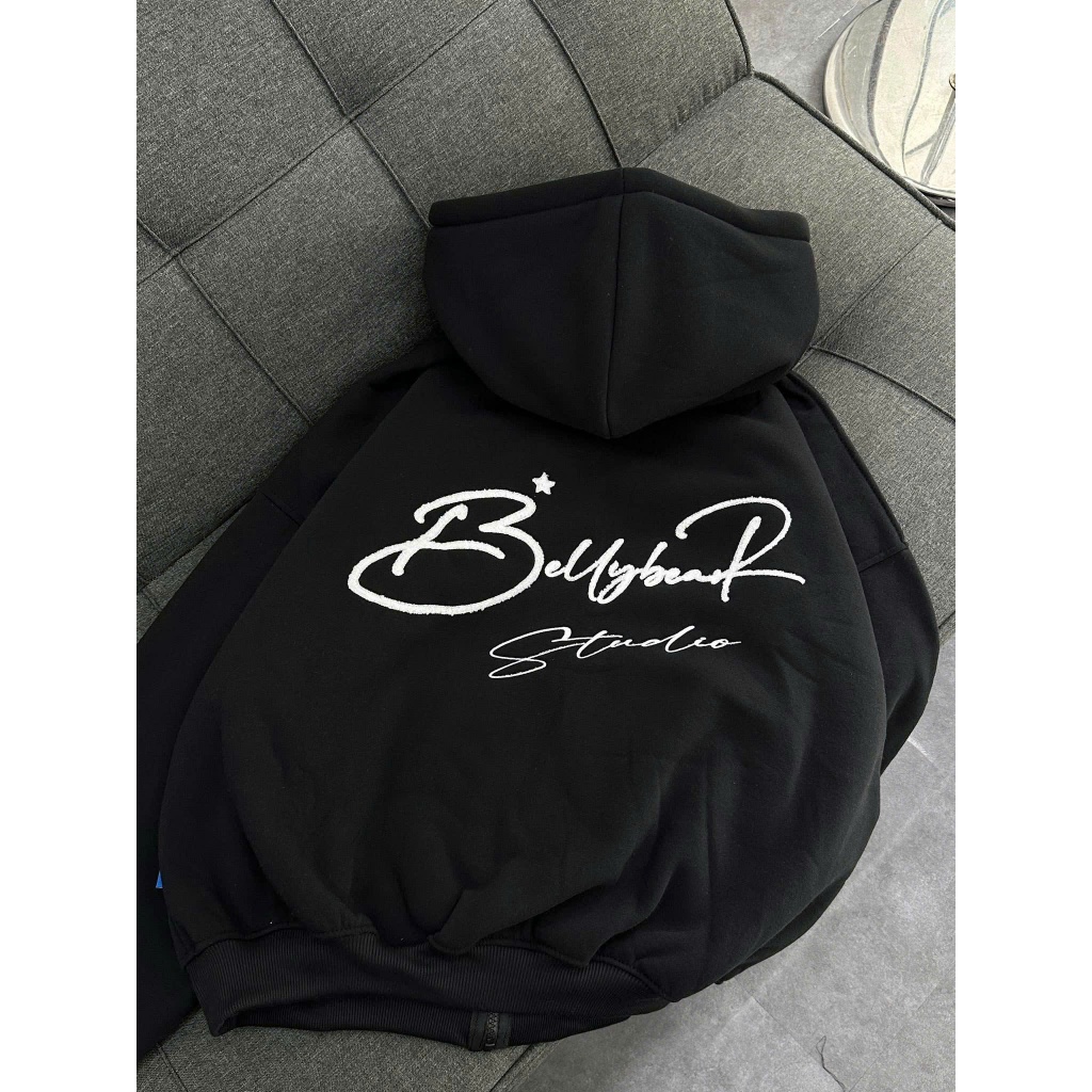 Áo Khoác Hoodie Zip Belly Bear thêu nổi, form Boxy, nỉ bông dày dặn, giữ ấm tốt, nón to rộng, có túi trong khoác ngoài