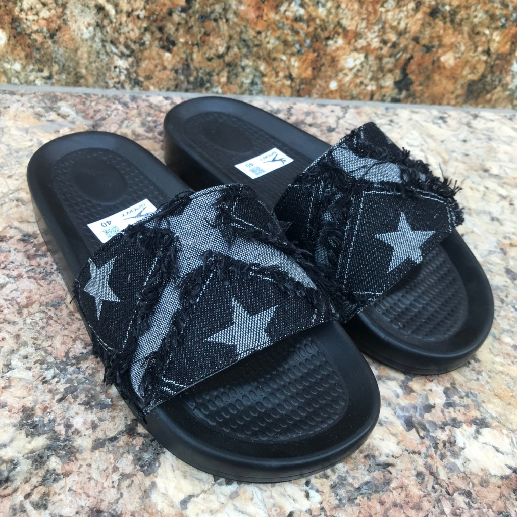 Dép Lê Nam, Dép Quai Ngang Nam, Vải Jean Bò, Hoạ Tiết Ngôi Sao, Dép Nam Phong Cách Hàn Quốc Mẫu Mới Size 35-44