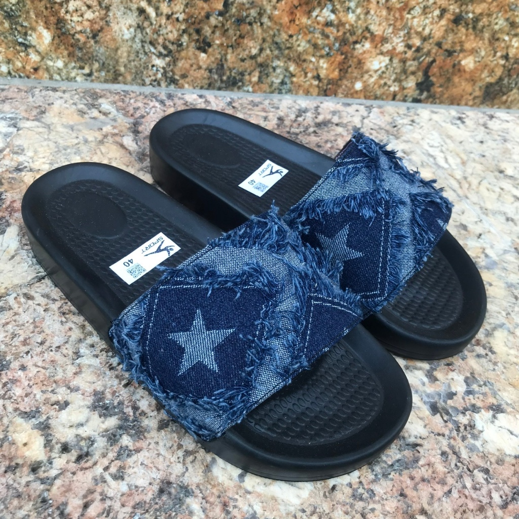 Dép Lê Nam, Dép Quai Ngang Nam, Vải Jean Bò, Hoạ Tiết Ngôi Sao, Dép Nam Phong Cách Hàn Quốc Mẫu Mới Size 35-44
