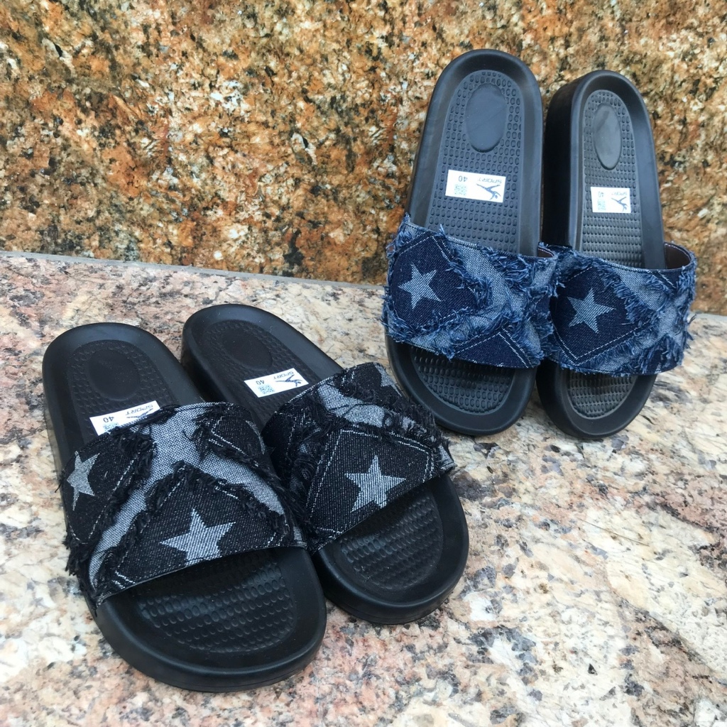 Dép Lê Nam, Dép Quai Ngang Nam, Vải Jean Bò, Hoạ Tiết Ngôi Sao, Dép Nam Phong Cách Hàn Quốc Mẫu Mới Size 35-44
