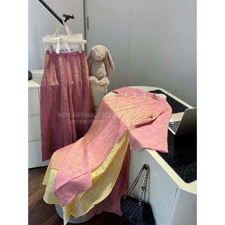 Set Áo Dài Gấm Hoa Hồng Mix Quần Lụa Suông Lannie, Set Áo Dài 2 Tà Fom Rộng Mix Quần Ống Đứng Lịch Lãm