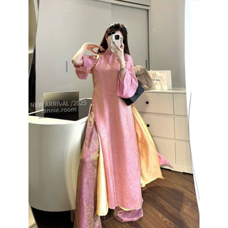 Set Áo Dài Gấm Hoa Hồng Mix Quần Lụa Suông Lannie, Set Áo Dài 2 Tà Fom Rộng Mix Quần Ống Đứng Lịch Lãm