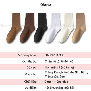 Combo 6 đôi tất nữ cổ trung GOMTAT dệt kim, vớ chân nữ trơn màu mềm mịn thoáng khí - OAS-1703-CB6