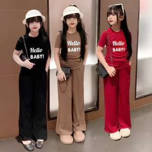 16-43KG Bộ quần áo bé gái áo cộc tay in chữ HELLO BABY quần ống xuông chất vải tăm lạnh mềm mịn M11