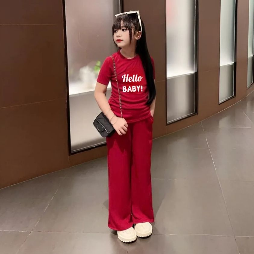 16-43KG Bộ quần áo bé gái áo cộc tay in chữ HELLO BABY quần ống xuông chất vải tăm lạnh mềm mịn M11