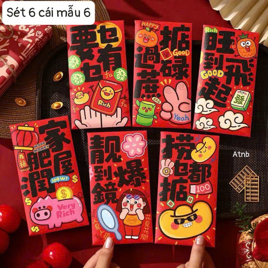 Set 6 Lì xì Đỏ Tết 2026 Hoạt Hình Cute Dễ Thương 