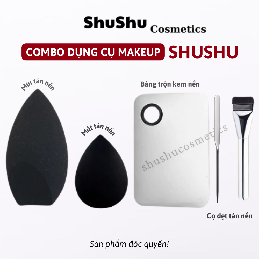 [COMBO] Bộ Dụng Cụ Đánh Nền Makeup Cơ Bản Đầy Đủ Set 2 Mút, Cọ Dẹt Tán Nền, Khay Tán NềnSHUSHU COSMETCS