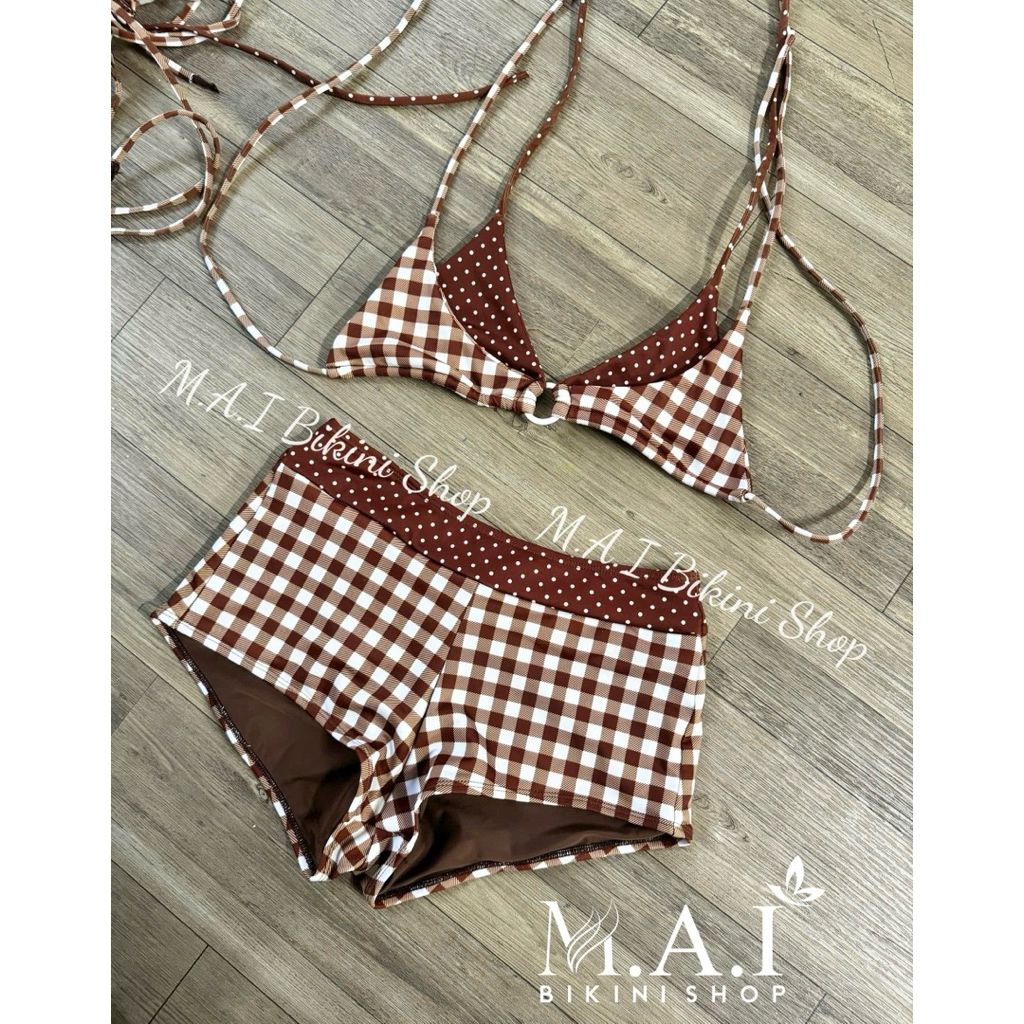 𝗠𝗔𝗜 𝗕𝗜𝗞𝗜𝗡𝗜 •CÓ SẴN HN• Sét Bikini 2 Mảnh Áo Khoen Quần Đùi,Hoạ Tiết Chấm Bi Phối Caro Nâu Cho Nữ