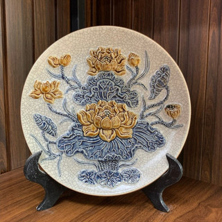 Mâm bồng men rạn đắp nổi Long Phụng, Hoa Sen Bát Tràng đường kính 20 - 37cm - Đồ thờ cúng phong thủy - Gốm Việt Pottery