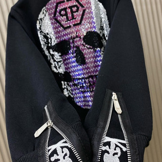 Áo khoác hoodie zip nam nữ P.h.i.l.i.p.p Plein ĐẦU LÂU TÍM thêu logo ngực đính đá đầu lâu lưng phối khoá Hot Trend 2025