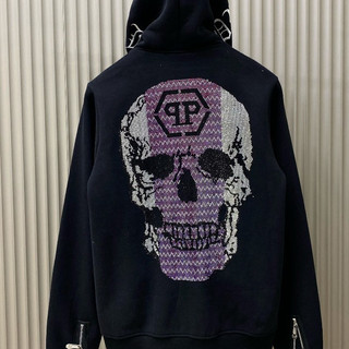 Áo khoác hoodie zip nam nữ P.h.i.l.i.p.p Plein ĐẦU LÂU TÍM thêu logo ngực đính đá đầu lâu lưng phối khoá Hot Trend 2025