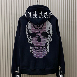 Áo khoác hoodie zip nam nữ P.h.i.l.i.p.p Plein ĐẦU LÂU TÍM thêu logo ngực đính đá đầu lâu lưng phối khoá Hot Trend 2025