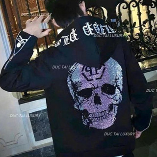 Áo khoác hoodie zip nam nữ P.h.i.l.i.p.p Plein ĐẦU LÂU TÍM thêu logo ngực đính đá đầu lâu lưng phối khoá Hot Trend 2025