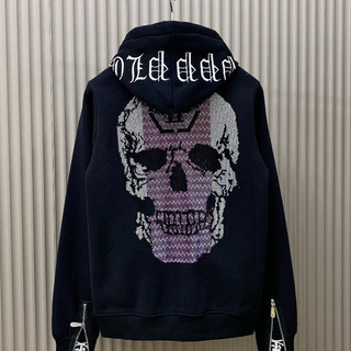 Áo khoác hoodie zip nam nữ P.h.i.l.i.p.p Plein ĐẦU LÂU TÍM thêu logo ngực đính đá đầu lâu lưng phối khoá Hot Trend 2025