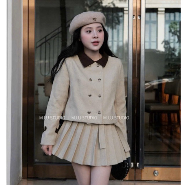 MIU.STUDIO • Set áo dạ dáng ngắn pha cổ đức đính khuy kim loại +chân váy xếp ly ngắn xoè kèm bell phong cách tiểu thư HQ