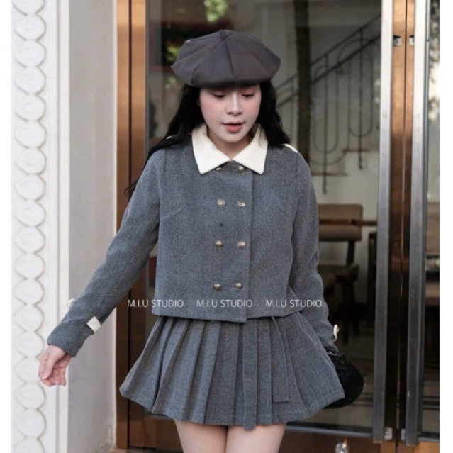 MIU.STUDIO • Set áo dạ dáng ngắn pha cổ đức đính khuy kim loại +chân váy xếp ly ngắn xoè kèm bell phong cách tiểu thư HQ