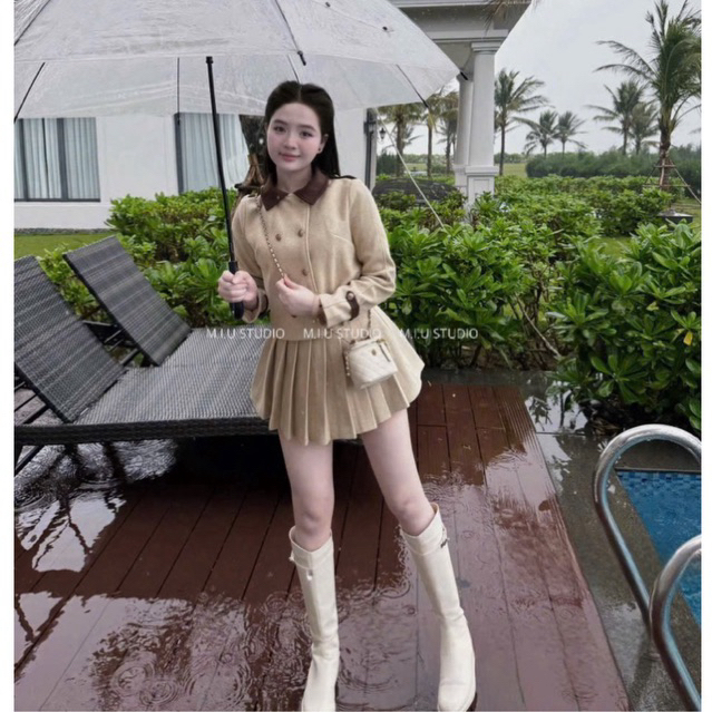 MIU.STUDIO • Set áo dạ dáng ngắn pha cổ đức đính khuy kim loại +chân váy xếp ly ngắn xoè kèm bell phong cách tiểu thư HQ