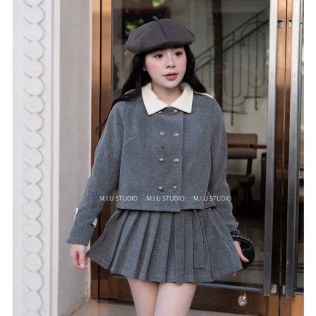 MIU.STUDIO • Set áo dạ dáng ngắn pha cổ đức đính khuy kim loại +chân váy xếp ly ngắn xoè kèm bell phong cách tiểu thư HQ