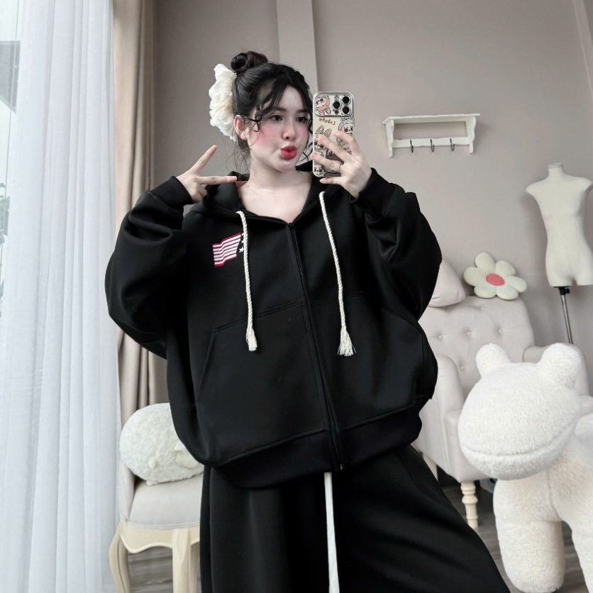 Bộ Nỉ Nữ Mũ Trần 2 Lớp In Hình Sao Cờ Mỹ form rộng tay dài Unisex Oversize Nam Nữ mặc đều đẹp Boy Phố hottrend 2025