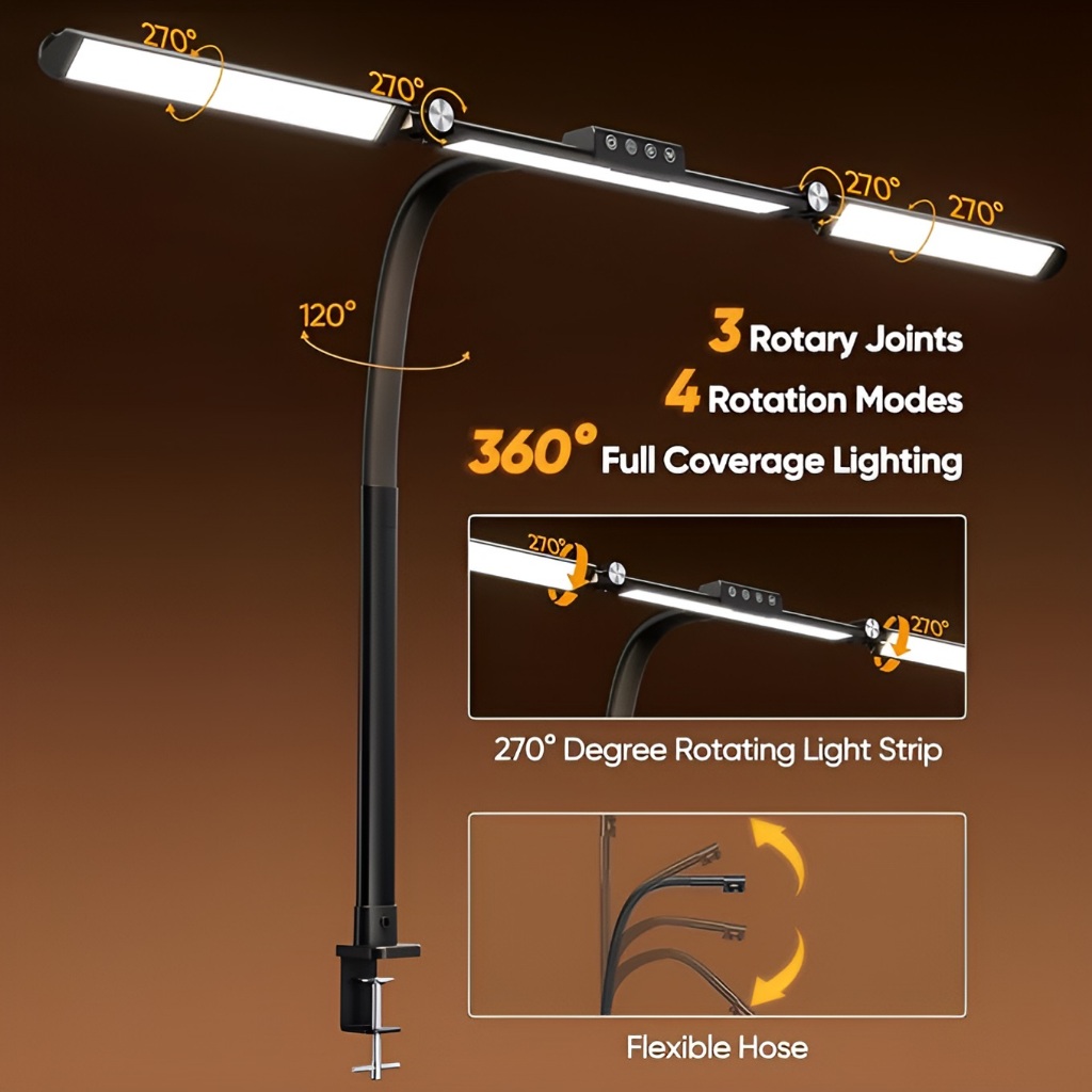 Đèn Bàn LED Kẹp Bàn 24W 70CM, Đèn Làm Việc 2 Đầu Xoay 360°, Chỉnh Sáng, Cho Máy Tính Văn Phòng