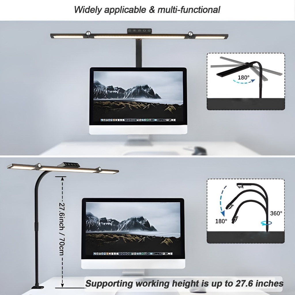 Đèn Bàn LED Kẹp Bàn 24W 70CM, Đèn Làm Việc 2 Đầu Xoay 360°, Chỉnh Sáng, Cho Máy Tính Văn Phòng