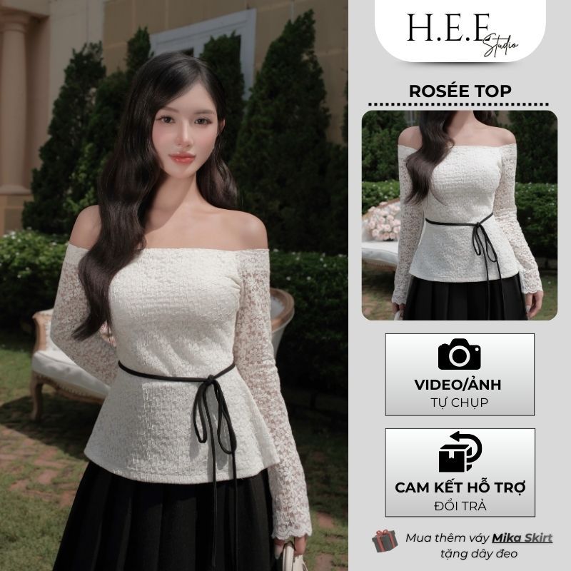 H.E.E - Áo nữ kiểu sang chảnh Rosée Top bẹt vai tay dài thiết kế ren hoa nổi