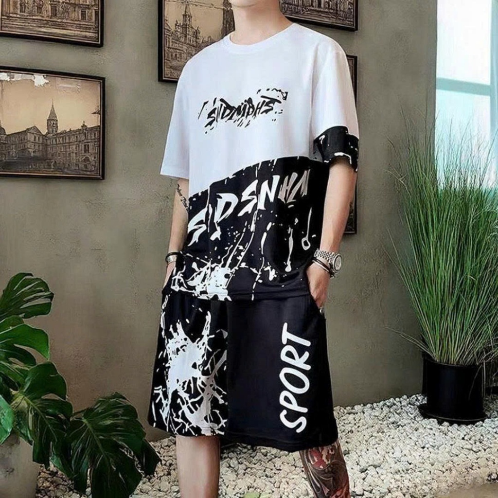 Bộ nam hè cộc tay phối đen trắng RKICFN LUB bộ thể thao nam mùa hè chất thun co giãn 4c K1