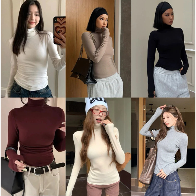 [Peinn] Áo giữ nhiệt cổ lọ dài tay, chất thun tăm len cotton lót lông áo len tăm cổ cao 8P giữ nhiệt tay dài ôm body
