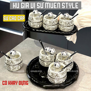 Hũ gia vị sứ MUEN STYLE cao cấp CÓ SẴN | Bộ gia vị 3 | 4 hũ kèm khay đựng và thìa phong cách Châu Âu