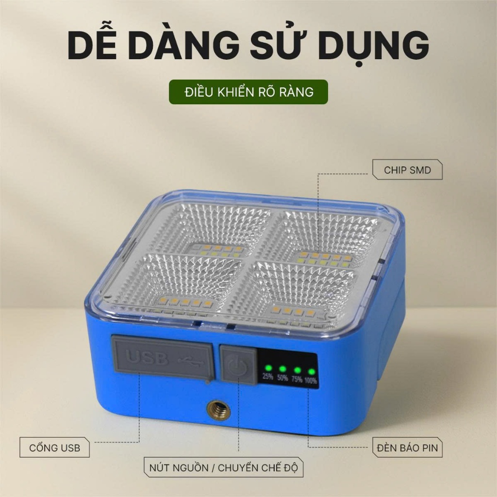 Đèn tích điện năng lượng cầm tay D05, đèn led 4 chế độ sáng, đèn tích điện nhỏ gọn, chống nước