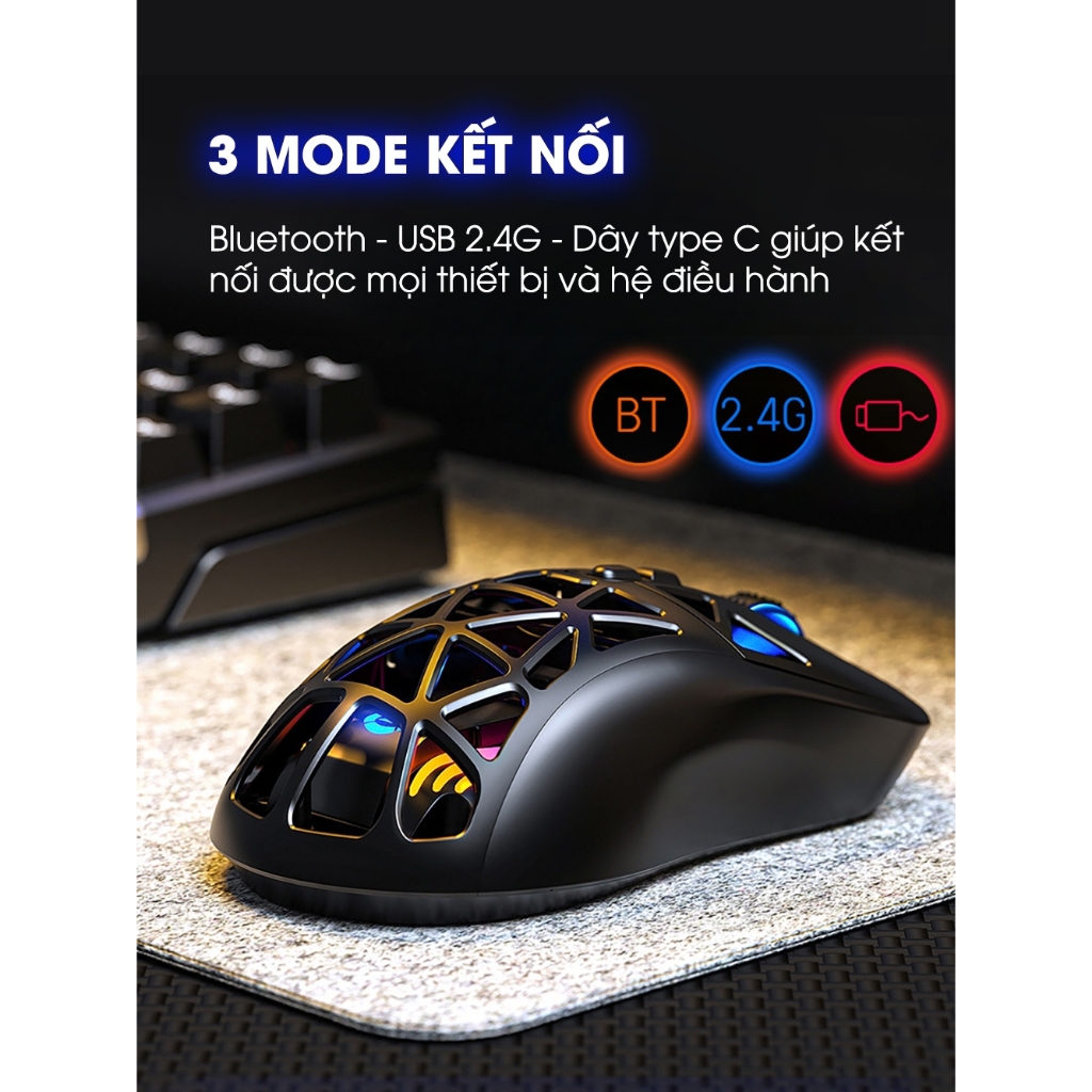 Chuột gaming không dây G17 bluetooth pin sạc nhẹ có lỗ chip PMW3325 3 mode wirless 2.4g RGB .