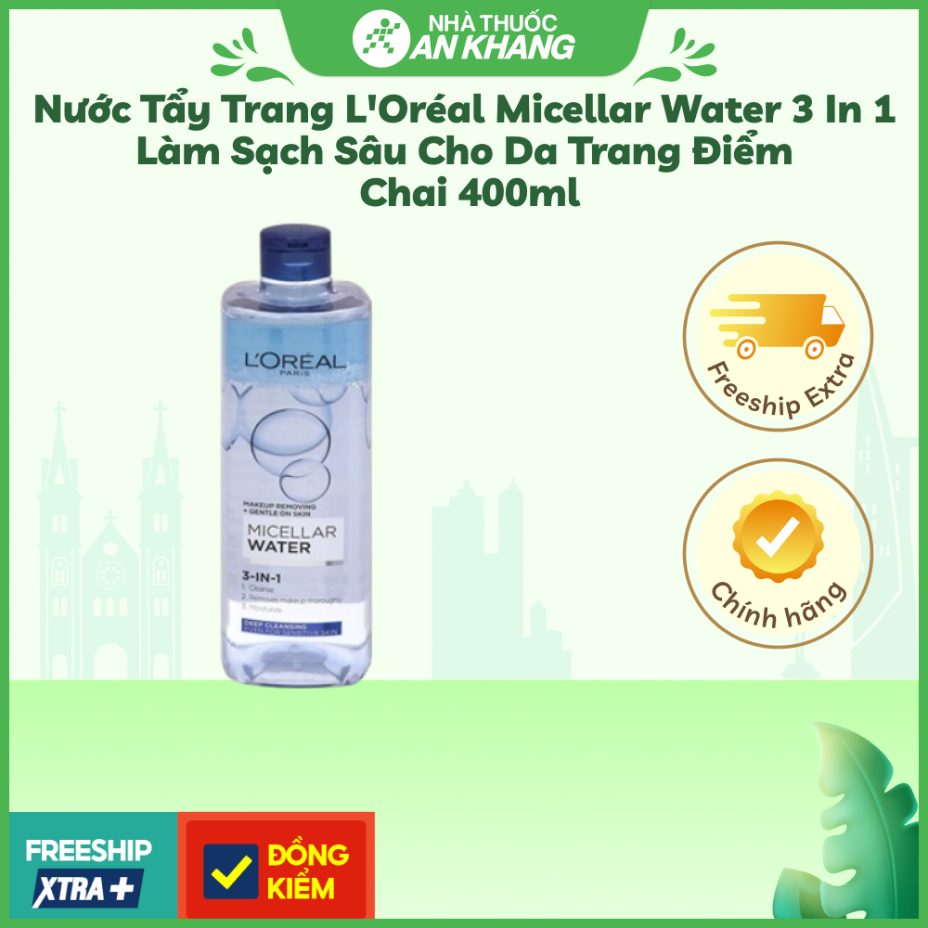 Nước tẩy trang L'Oréal Micellar Water 3 in 1 làm sạch sâu cho da trang điểm chai 400ml